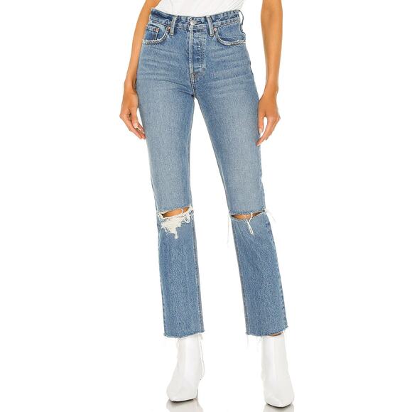 GRLFRND JEANS  The Karolina High Rise Distressed Straight Crop Denim Jeans Sz 28 - Picture 1 of 11